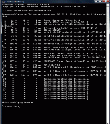 Screenshot tracert www.microsoft.com